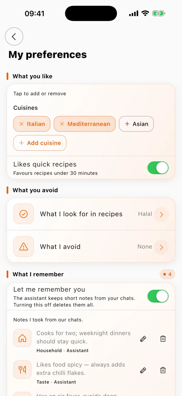 Preferences and assistant memory screen