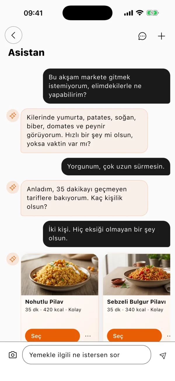 Kilerdekilere göre tarif öneren asistan sohbeti