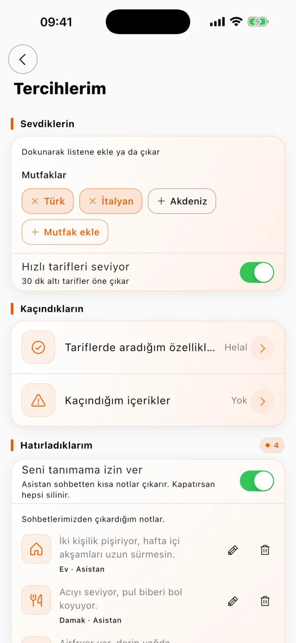 Tercihler ve asistan hafızası ekranı